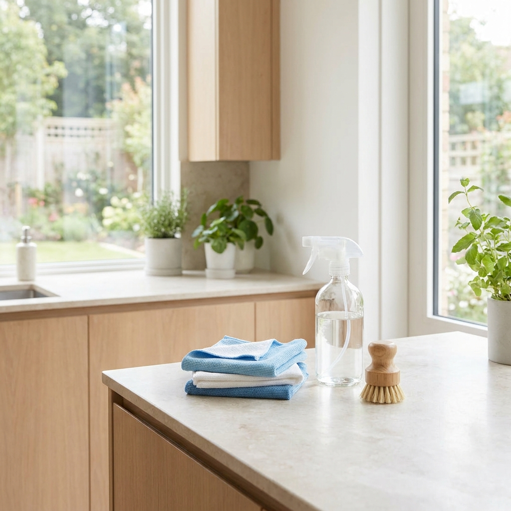 Schoonmaakspullen op een schoon aanrecht