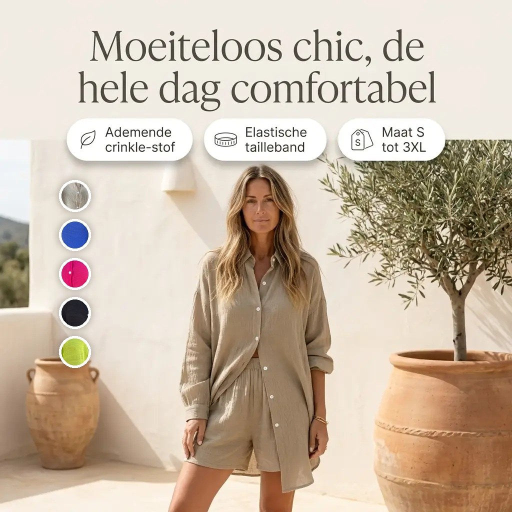 Amelia tweedelige set khaki, moeiteloos chic en de hele dag comfortabel, verkrijgbaar in vijf kleuren