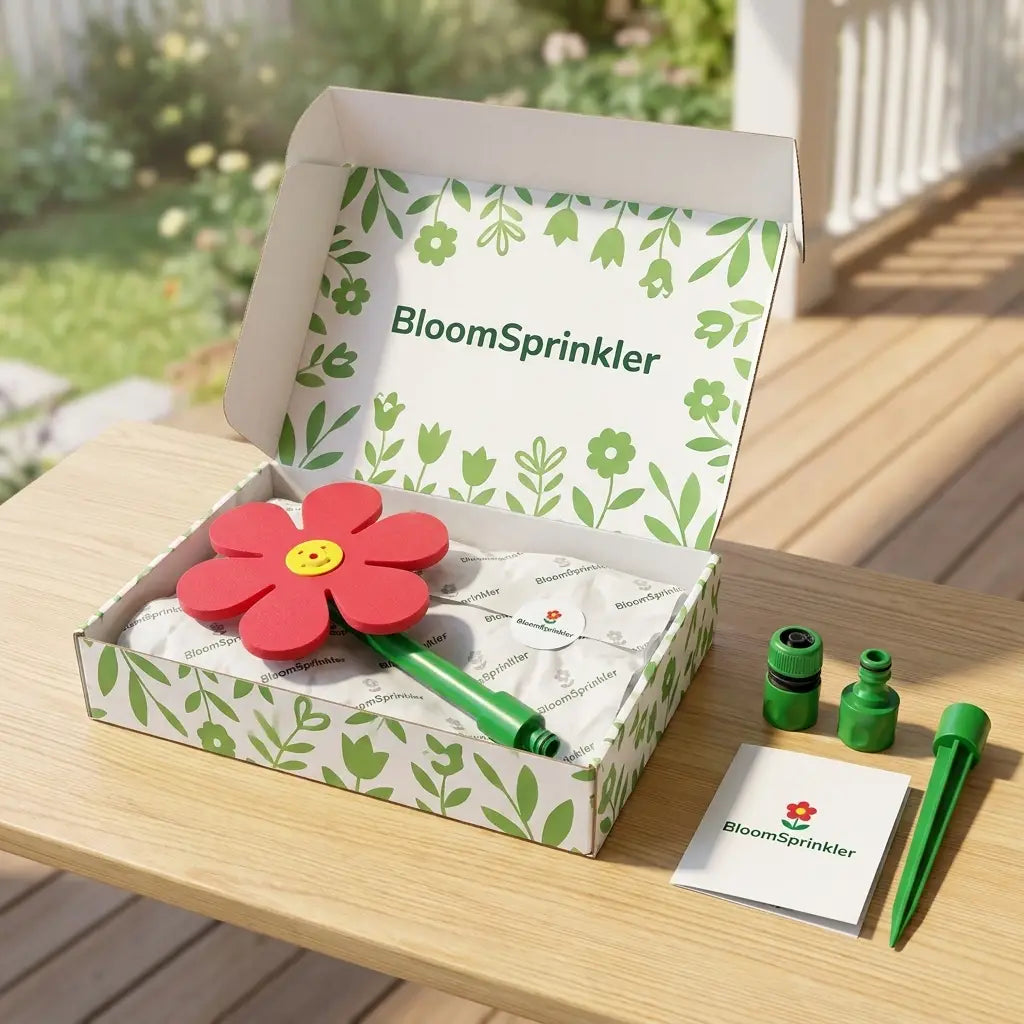 BloomSprinkler in verpakking met toebehoren zoals geleverd