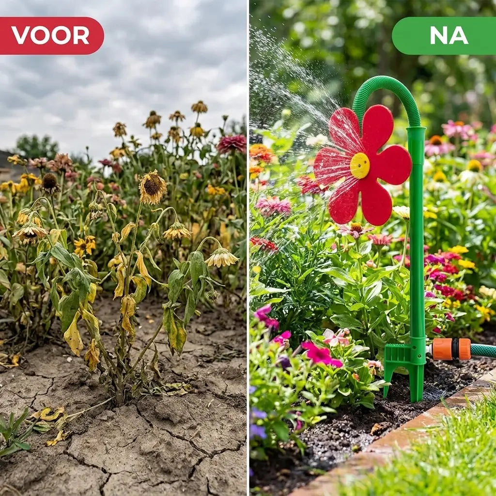 Bloembed voor en na gebruik van de BloomSprinkler