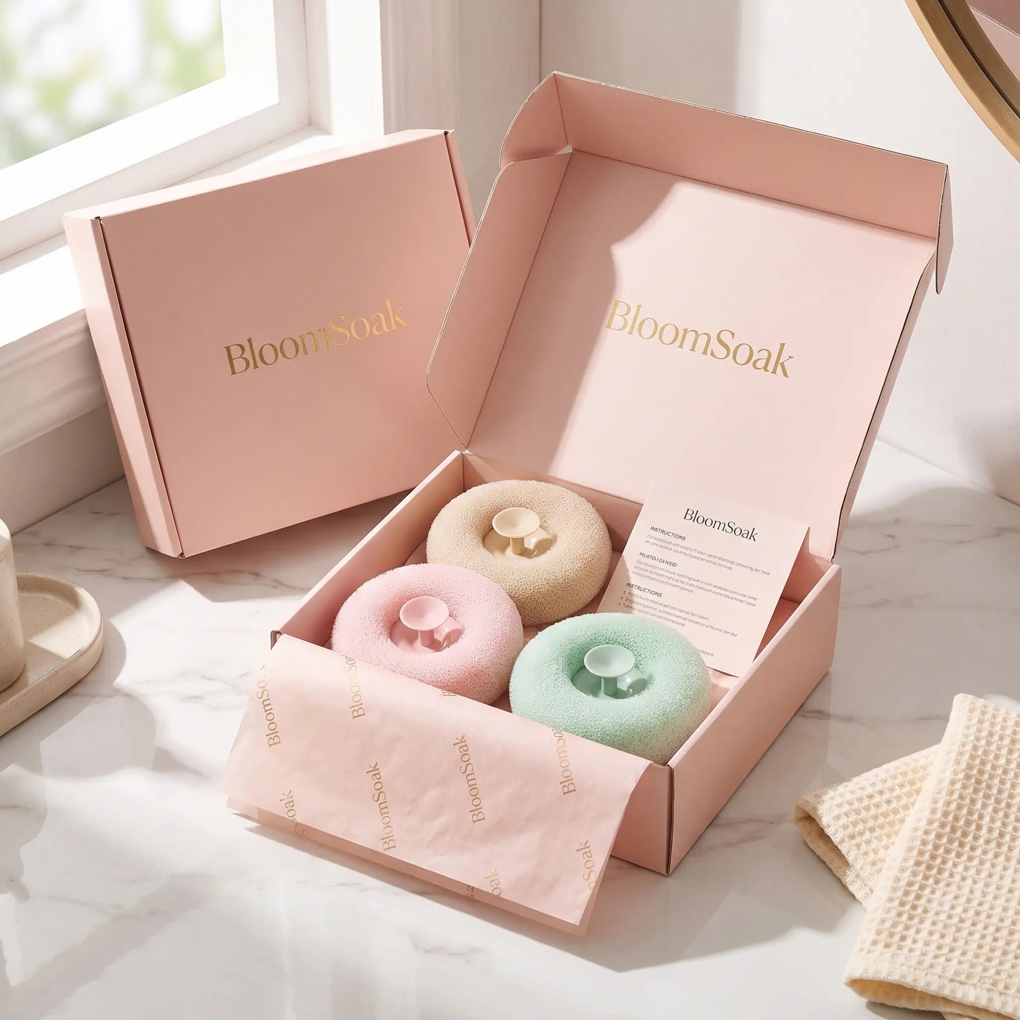BloomSoak verpakking met drie douchesponzen