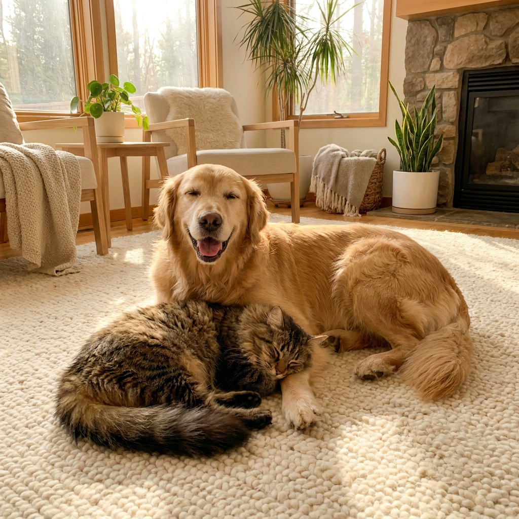 Blije hond en kat samen thuis in de woonkamer