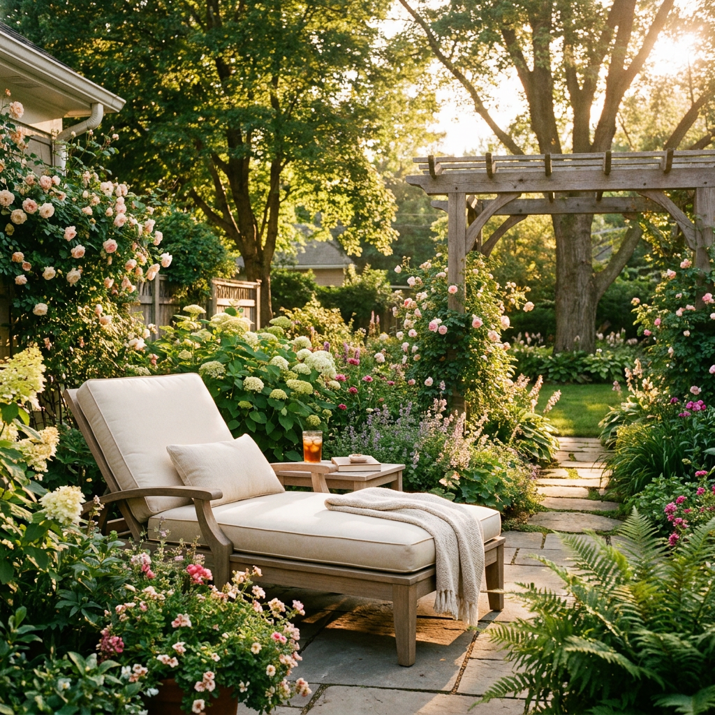 Zonnige tuin met planten en een loungestoel in de zomer
