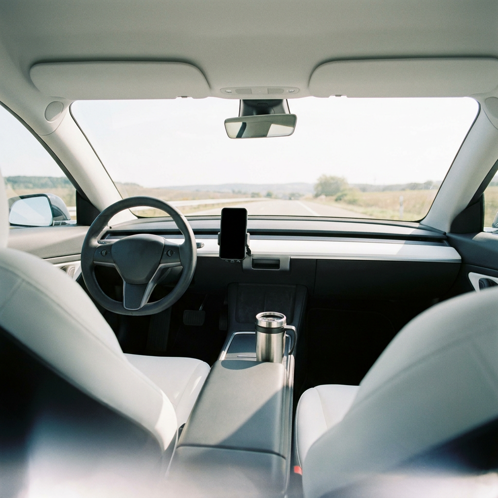 Modern auto-interieur met telefoonhouder op het dashboard