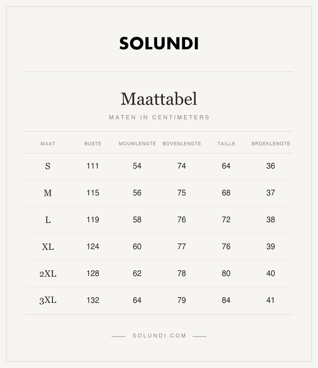 Maattabel Amelia set in centimeters
