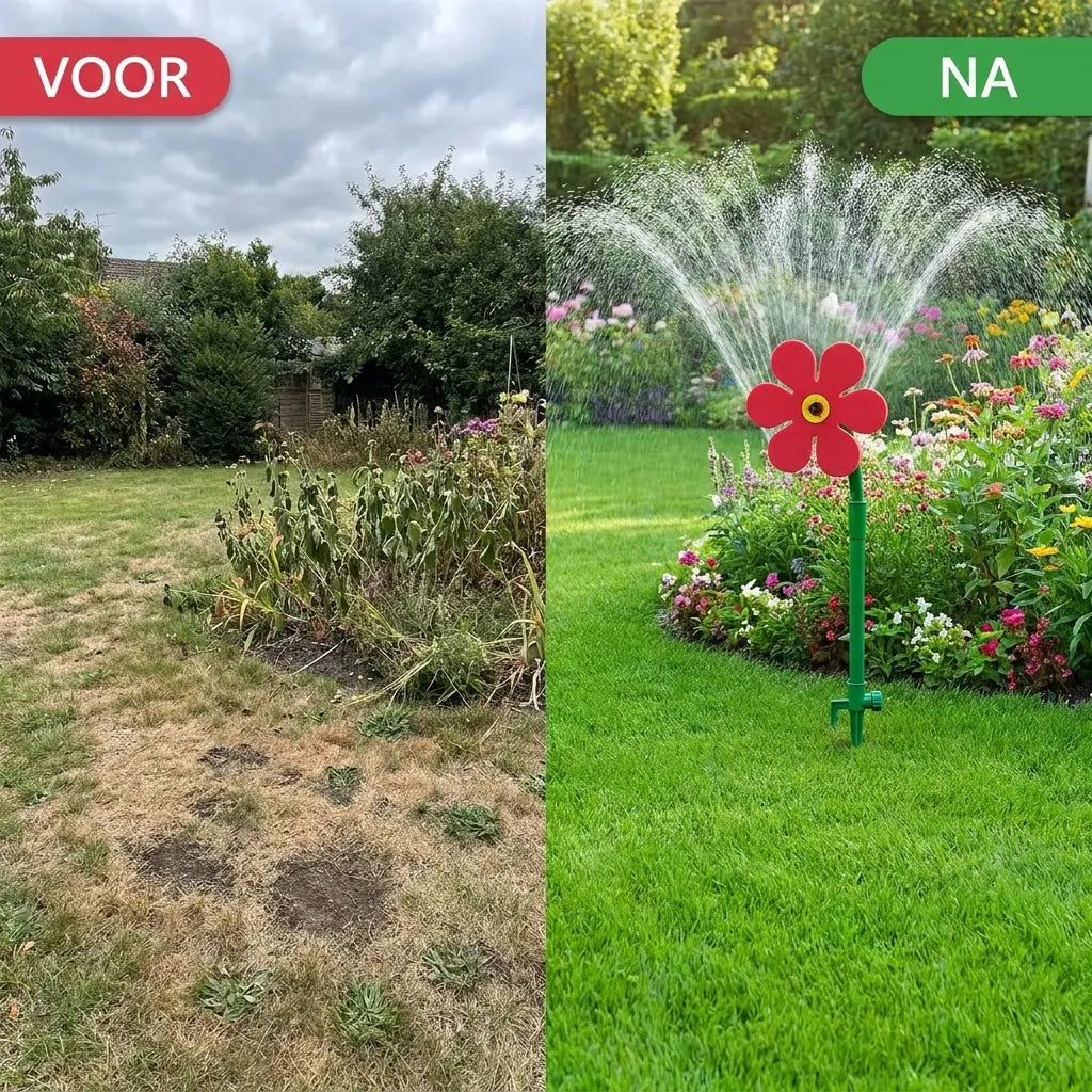 Gazon voor en na gebruik van de BloomSprinkler tuinsproeier