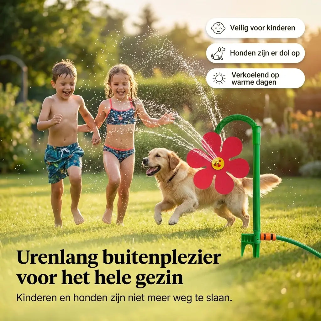 Kinderen en hond spelen met de BloomSprinkler