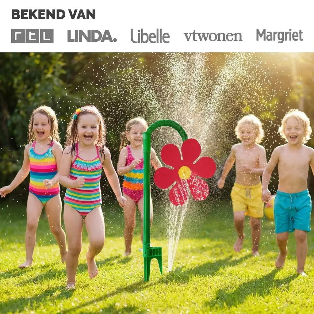 BloomSprinkler bekend van diverse media, kinderen spelen in de tuin