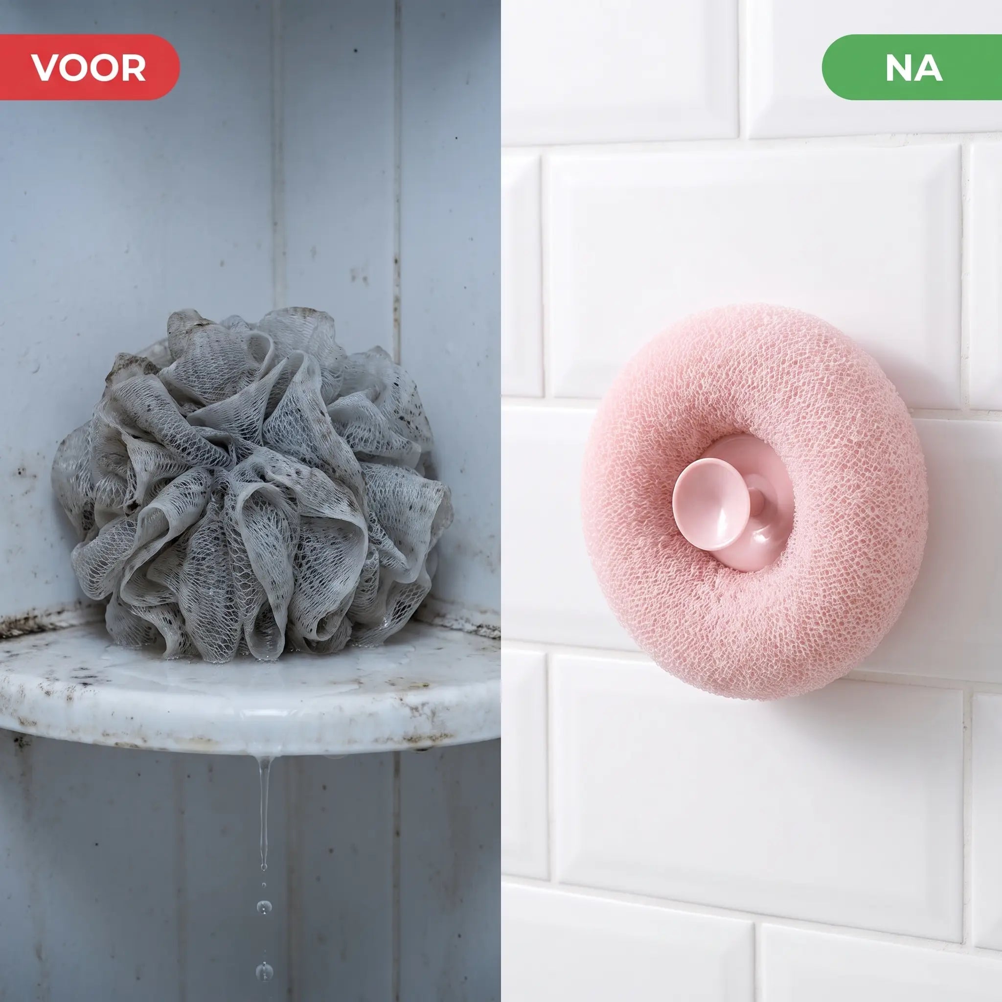 Voor en na: oude spons versus frisse BloomSoak aan de muur
