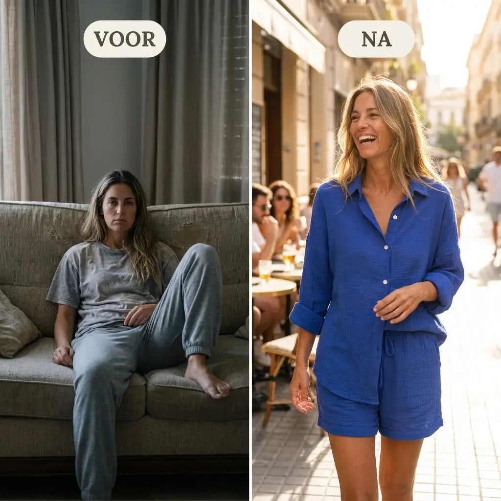 Voor en na met de Amelia set in het blauw op het terras